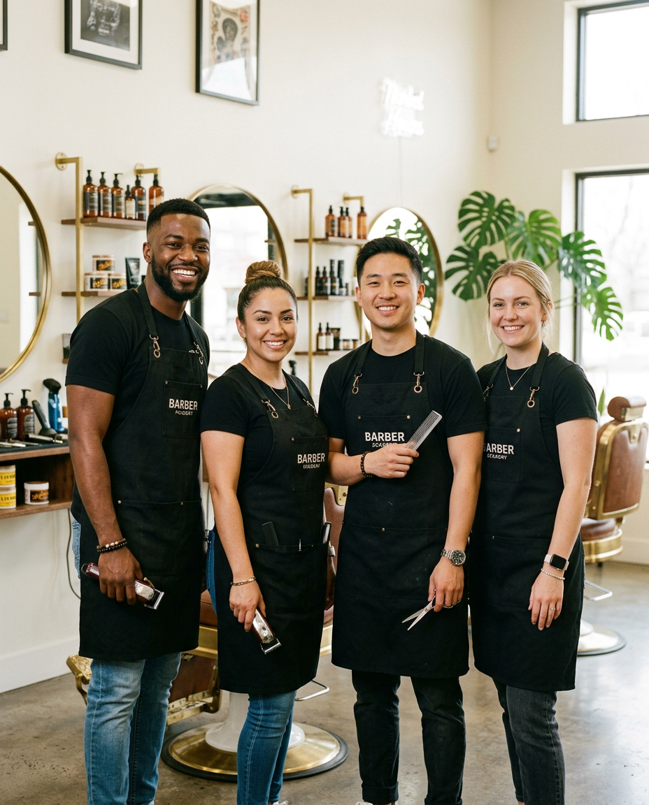 Four Fast Track barbering students of different backgrounds in black aprons, holding clippers, a comb, and shears in a barbershop
